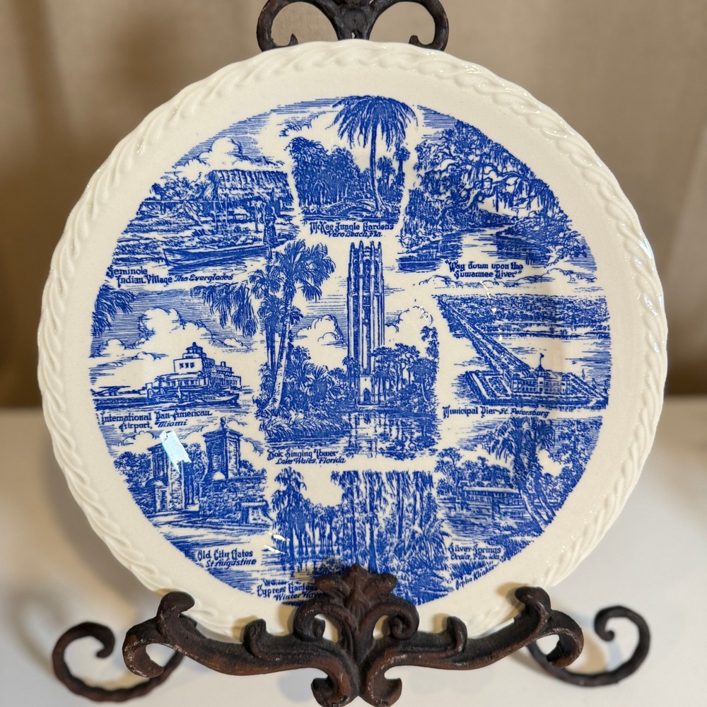Vernon Kilns Florida Empire of the Sun Blue Transferware Souvenir Plate 10.5in